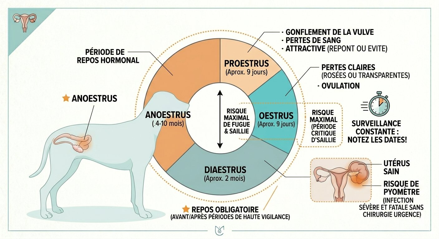Schéma du cycle des chaleurs chez la chienne : Proestrus, Oestrus, Diaestrus, Anoestrus