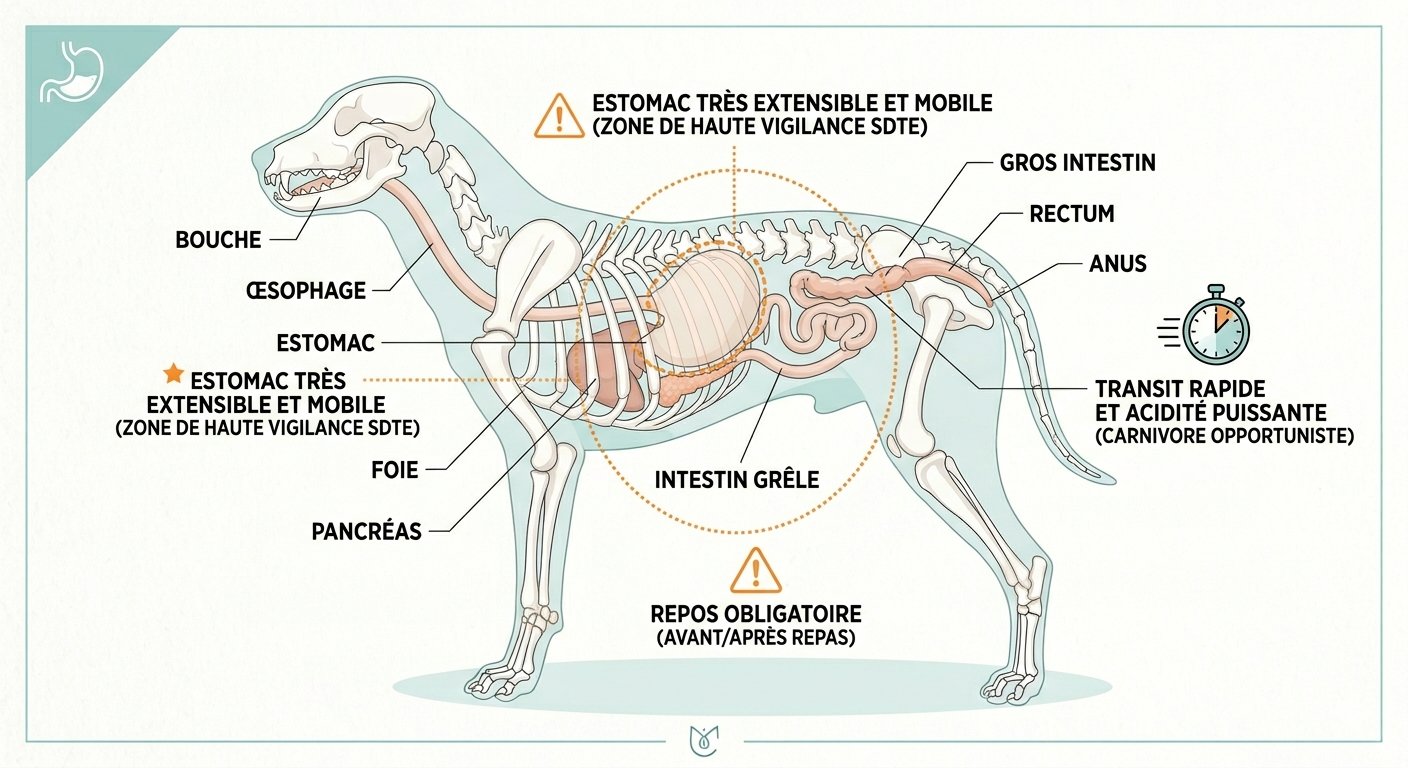 Schéma du système digestif du chien avec estomac mobile et zone SDTE