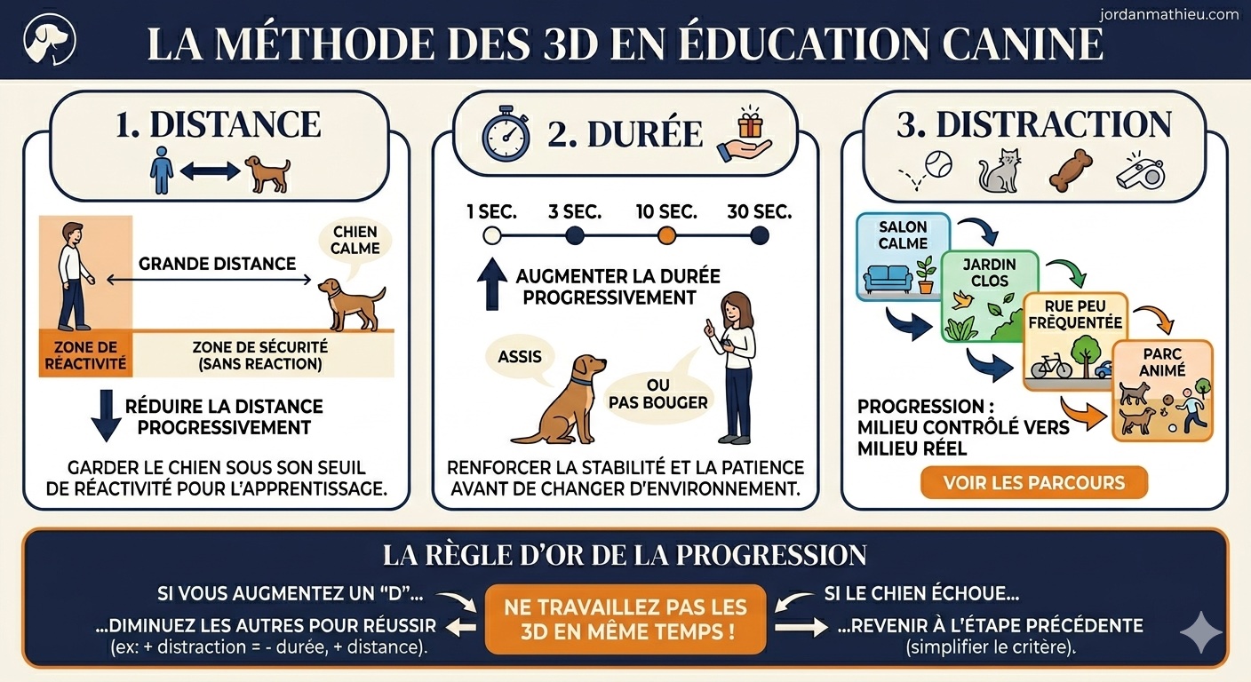 Schéma de la méthode des 3D en éducation canine