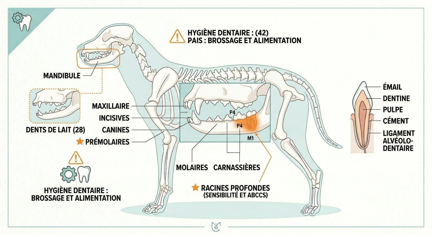 Schéma de la dentition du chien avec incisives, canines, prémolaires et carnassières