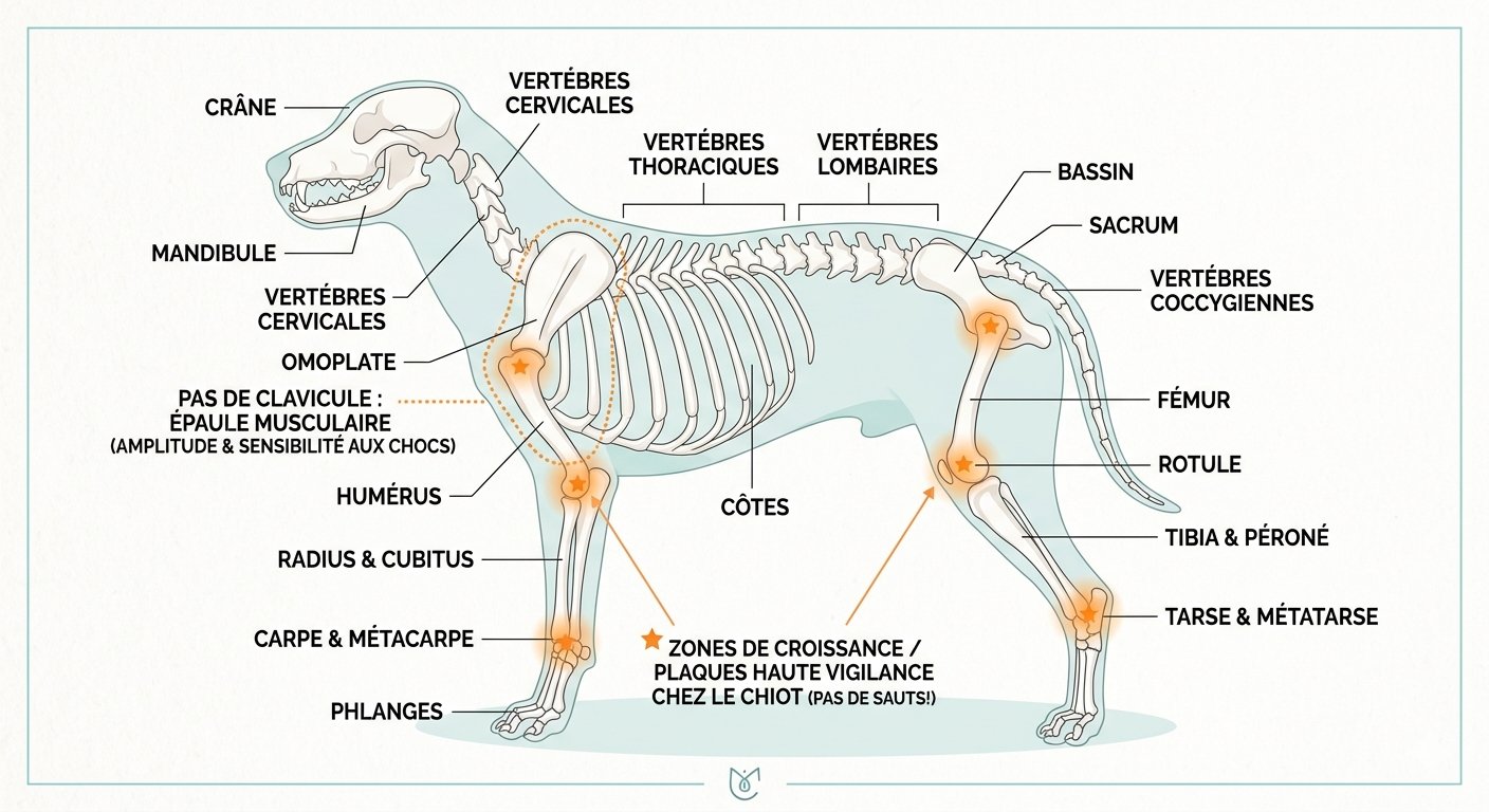 Schéma du squelette du chien avec zones de croissance annotées