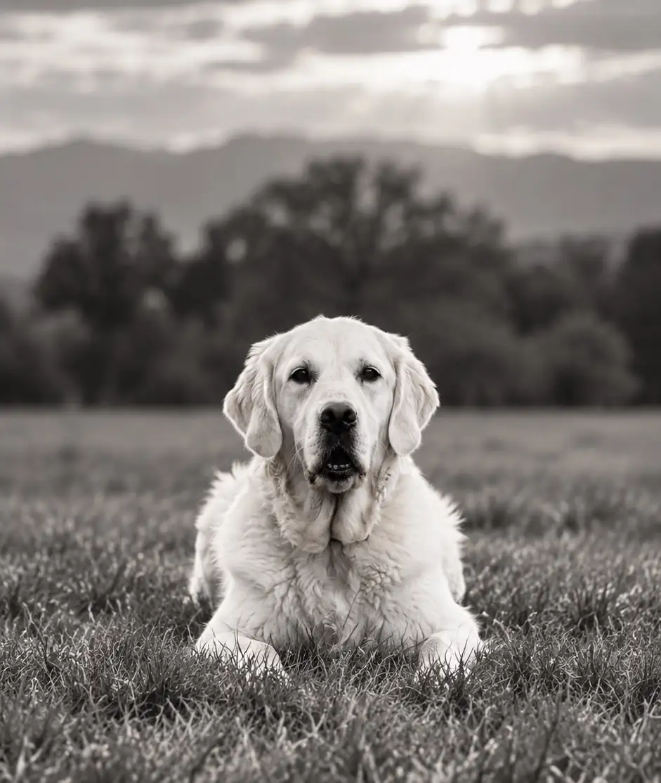 Yuki, Jordan Mathieu's golden retriever, lying in the grass
