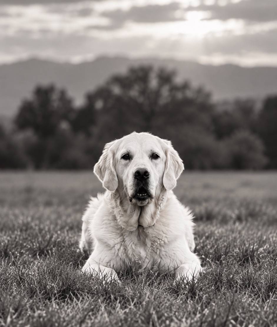 Yuki, golden retriever de Jordan Mathieu, couché dans l'herbe